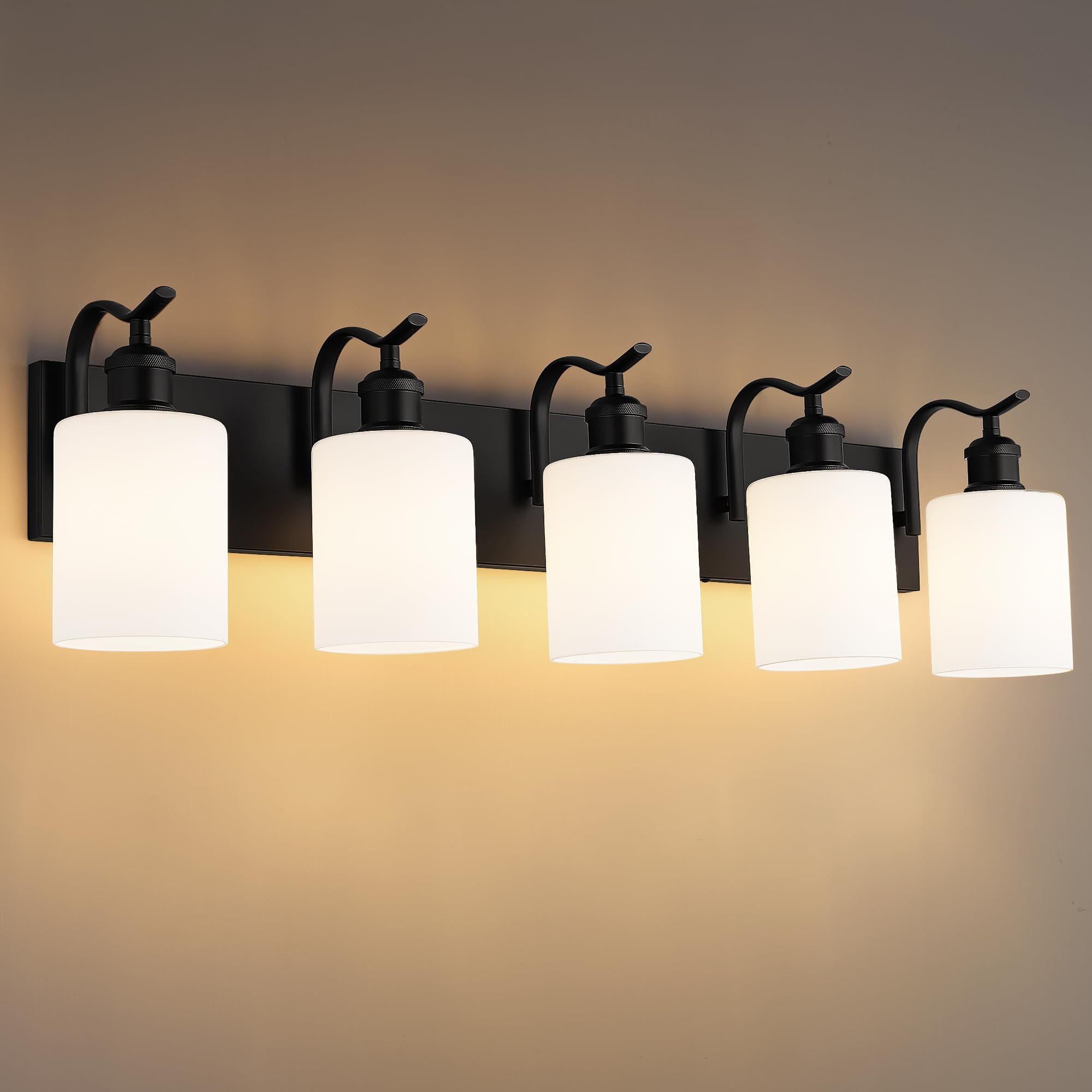 JAZAVA 5-Light Bathroom Vanity Light, Modern Black Wall Sconce, Metal & Milk Glass, Model ZCVL01BKW-5