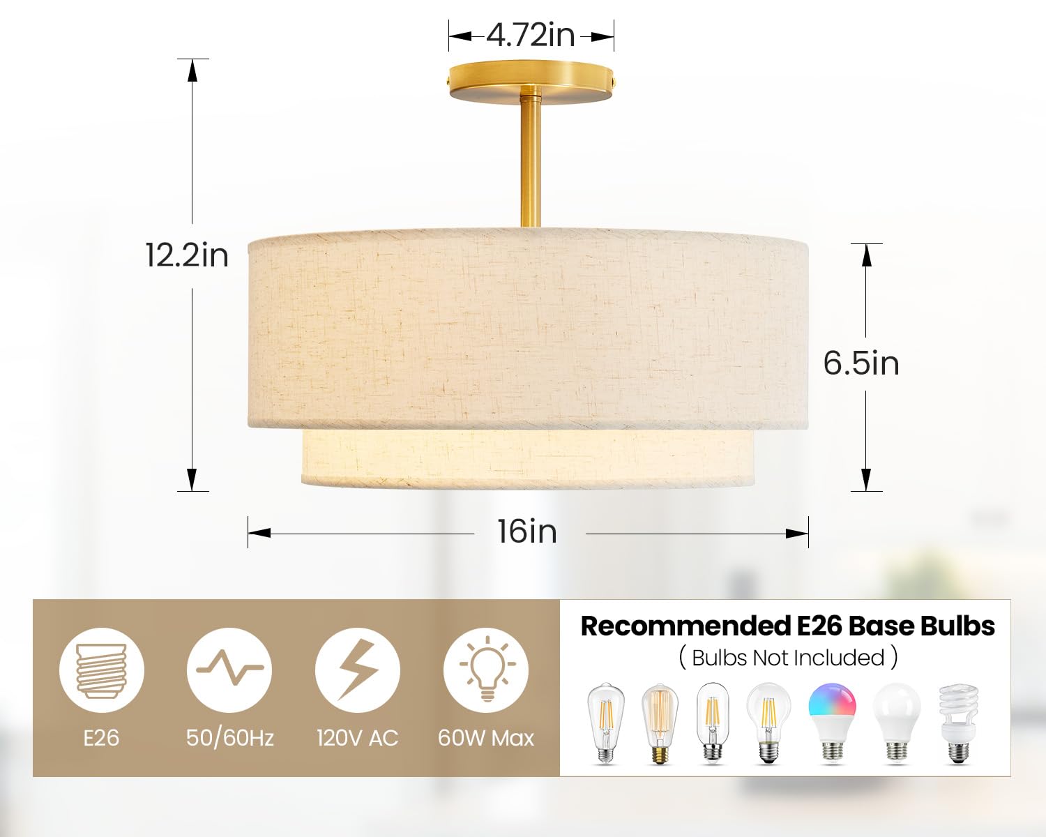 Dgroositon Double Drum 3-Light Semi Flush Mount Ceiling Light, 16" Gold Brass with Fabric Linen Shade for Living Room, Bedroom, Dining Room