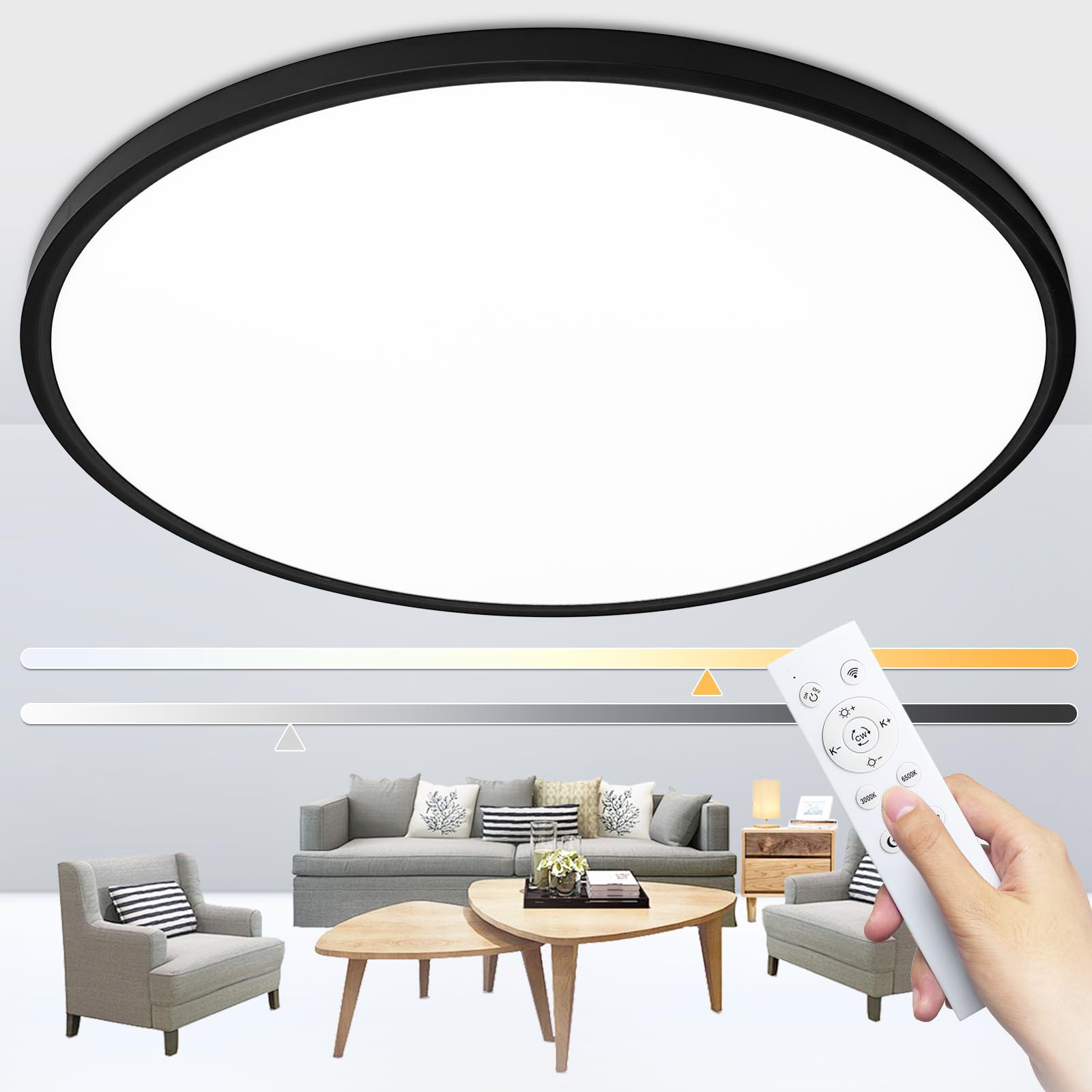Glowall Modern 24" Led Ceiling Light Fixture, Ultra Thin Flush Mount, 56W, Dimmable With Remote Control, 5600 Lumen, Black, For Home Office, Dining Room, Kitchen, Bedroom, Living Room