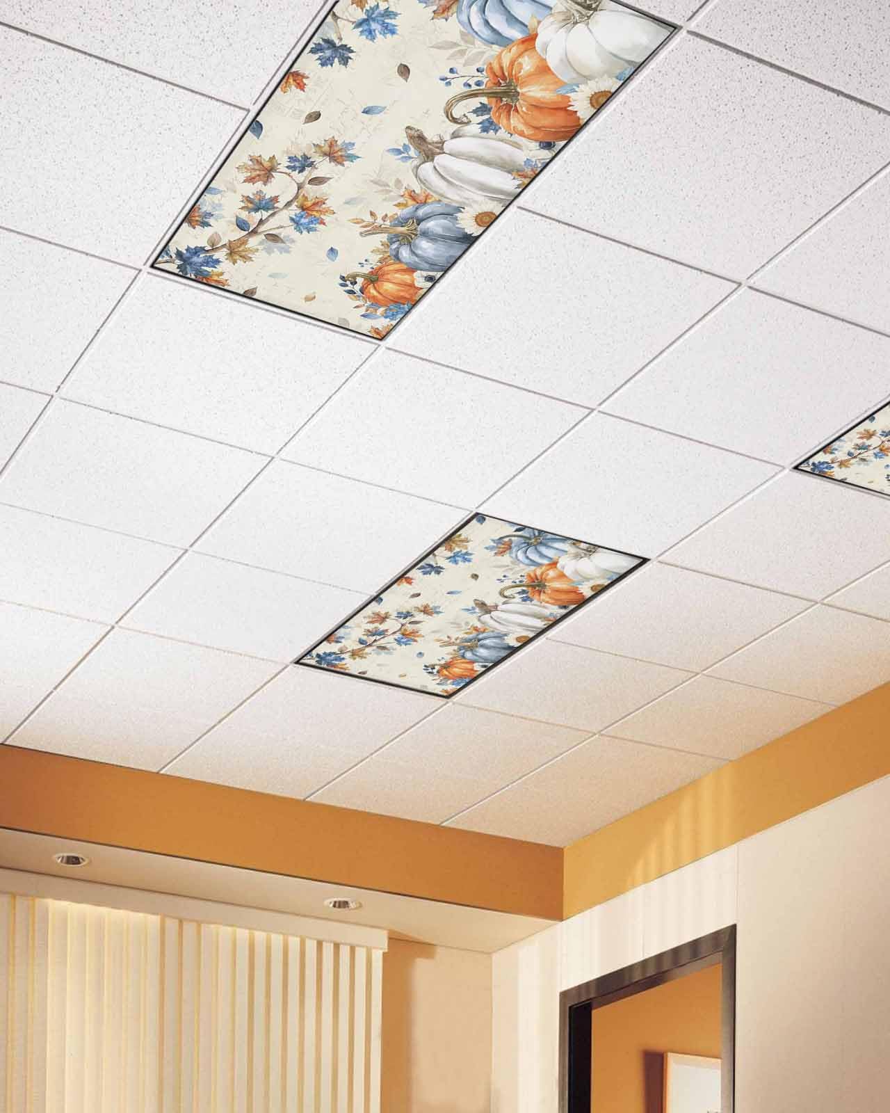 Fall Fluorescent Light Covers For Ceiling Lights Autumn Maple Leaves Magnetic Light Filters 2 Pack 4X2 Ft Floral Orange Blue Pumpkin Thanksgiving Ceiling Lights Cover For Classroom Office Drop Lamp