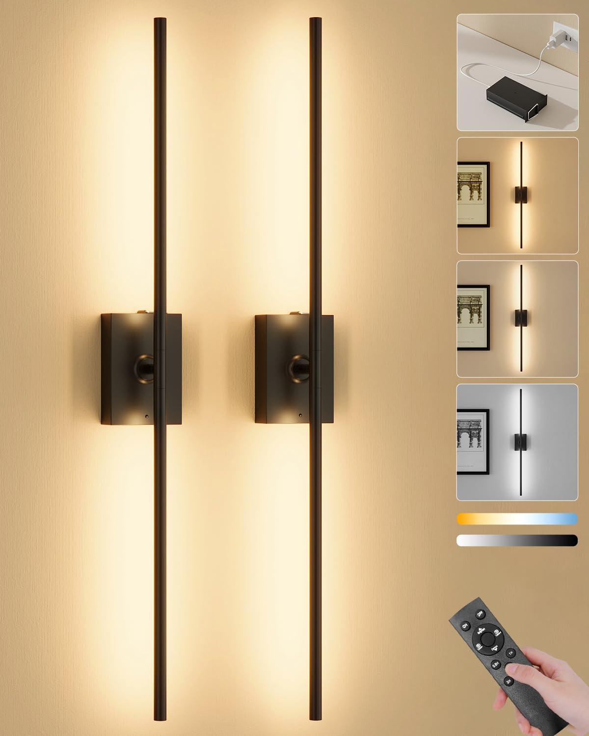Ouyulong Battery Operated Wall Sconces Set of 2, 10000mAh Wireless Rechargeable 3000-6000K Dimmable 350 Rotate Wall Light with R