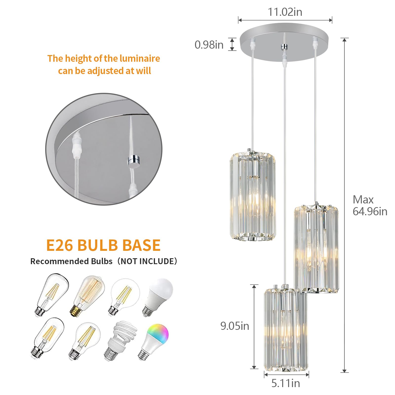 Zhllmq Chrome Pendant Lighting Modern Pendant Light  Mini Crystal Chandeliers Adjustable Pendant Light Fixture For Kitchen Island Dinning Room Corridor Bedroom(Gold 3-Light)