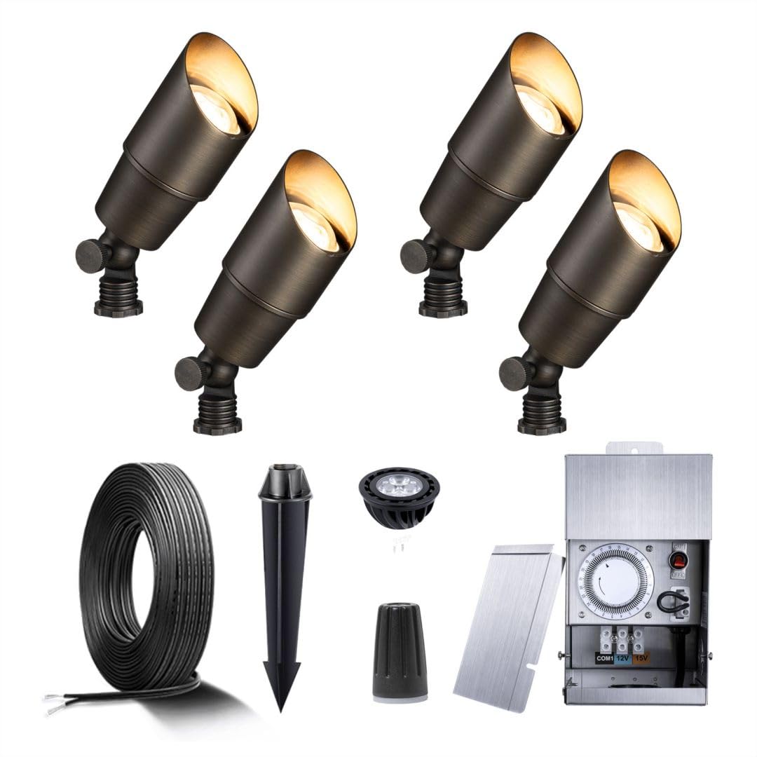 Gardenreet Brass Landscape Lighting Kit (4-Pack Led Spotlights) With Low Voltage Transformer 75W And Mechanical Timer And 100Ft Cable And 20Pack Wire Connectors For Outdoor Garden Patio