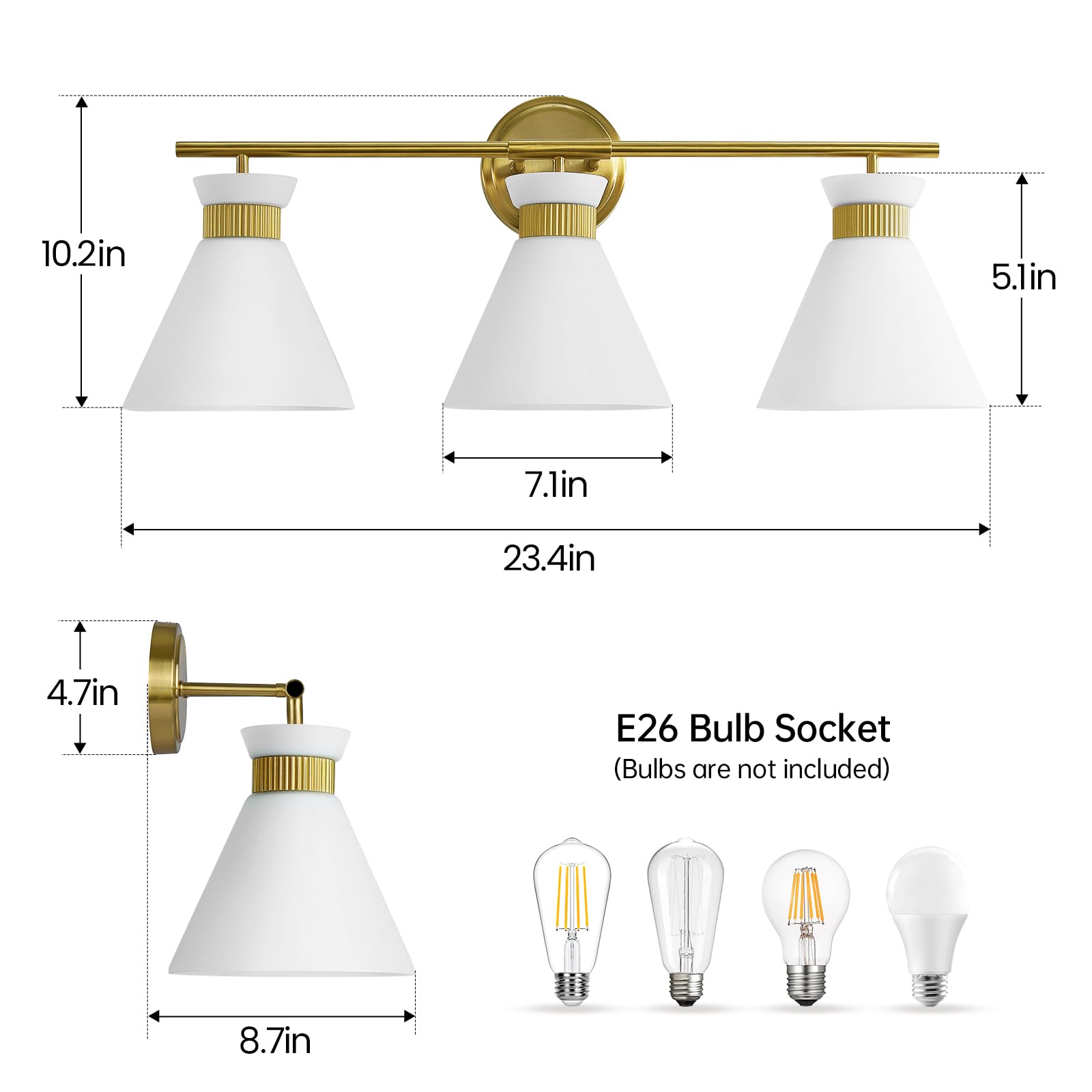 WOSHITU 3-Light Bathroom Vanity Light Fixture, Brushed Gold Metal Sconce with Frosted Glass Shade, Model 8090ML-03GD-US