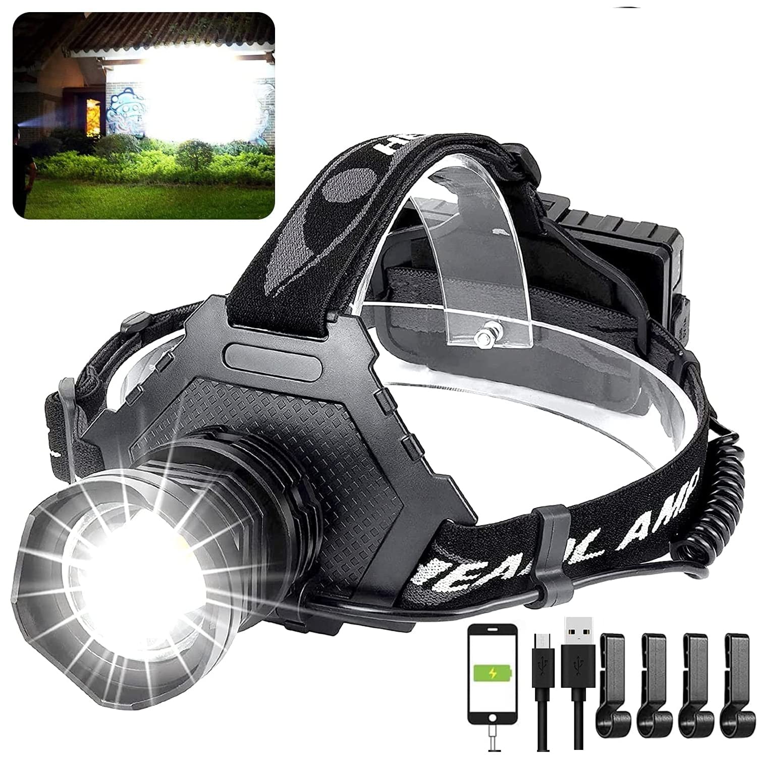 Hoxida LED Rechargeable Headlamp 90000 High Lumen, Waterproof, Adjustable, Black, Model: Headlamp02
