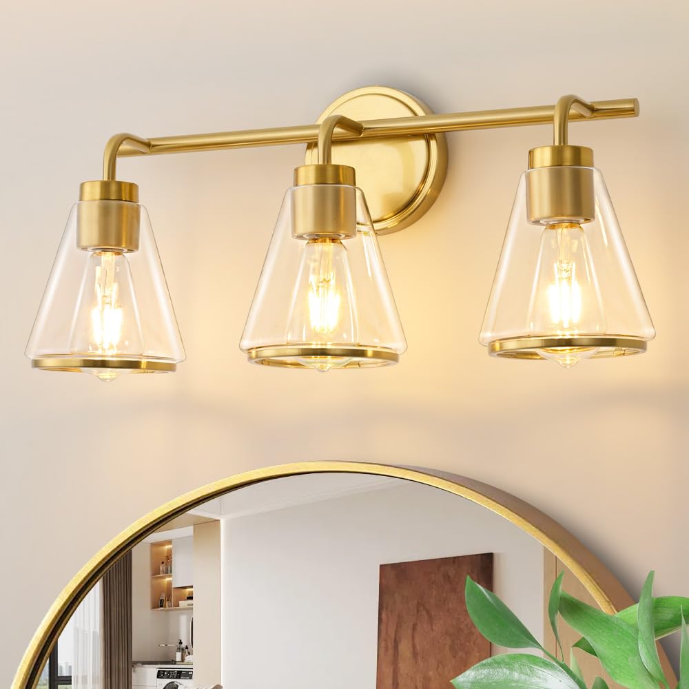 Nadosa Gold Vanity Light Bathroom Light Fixtures Over Mirror 3 Lights Bathroom Vanity Lights With Clear Glass Shade 22 Inch Modern Wall Sconce Bathroom Lights For Bath