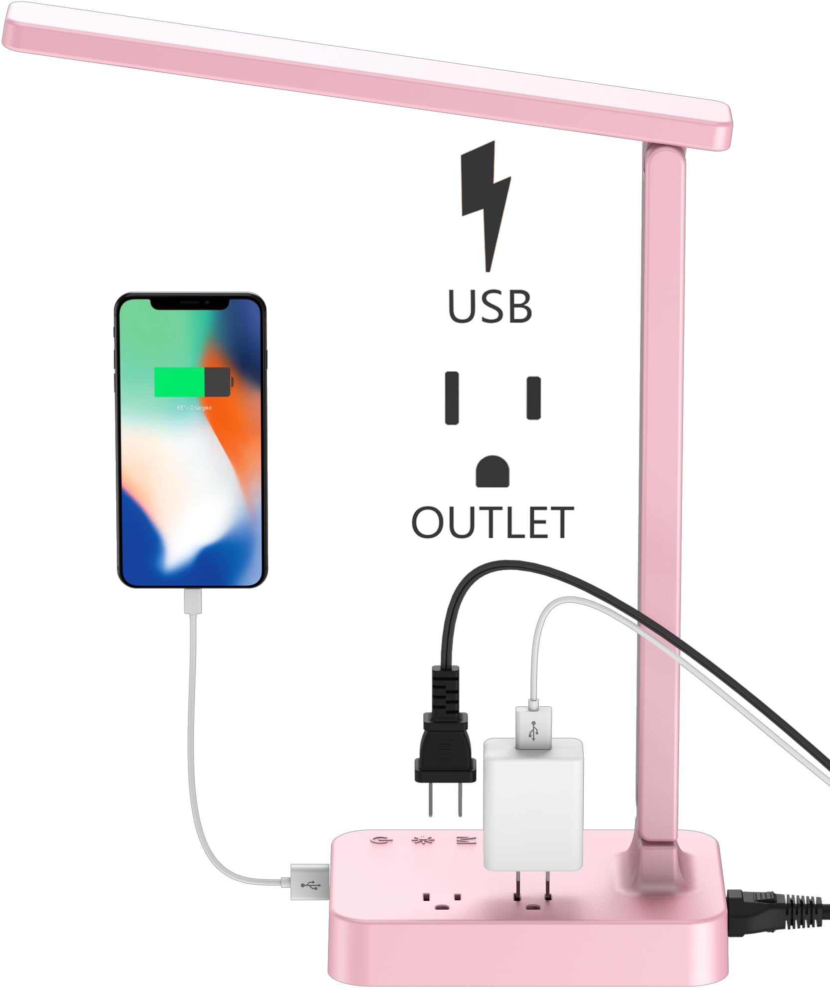 Drevet LED Desk Lamp, Desk Light with 1 USB Charging Port and 2 AC Power Outlet, 3 Lighting Modes, 3 Level Brightness,1H Timer, 