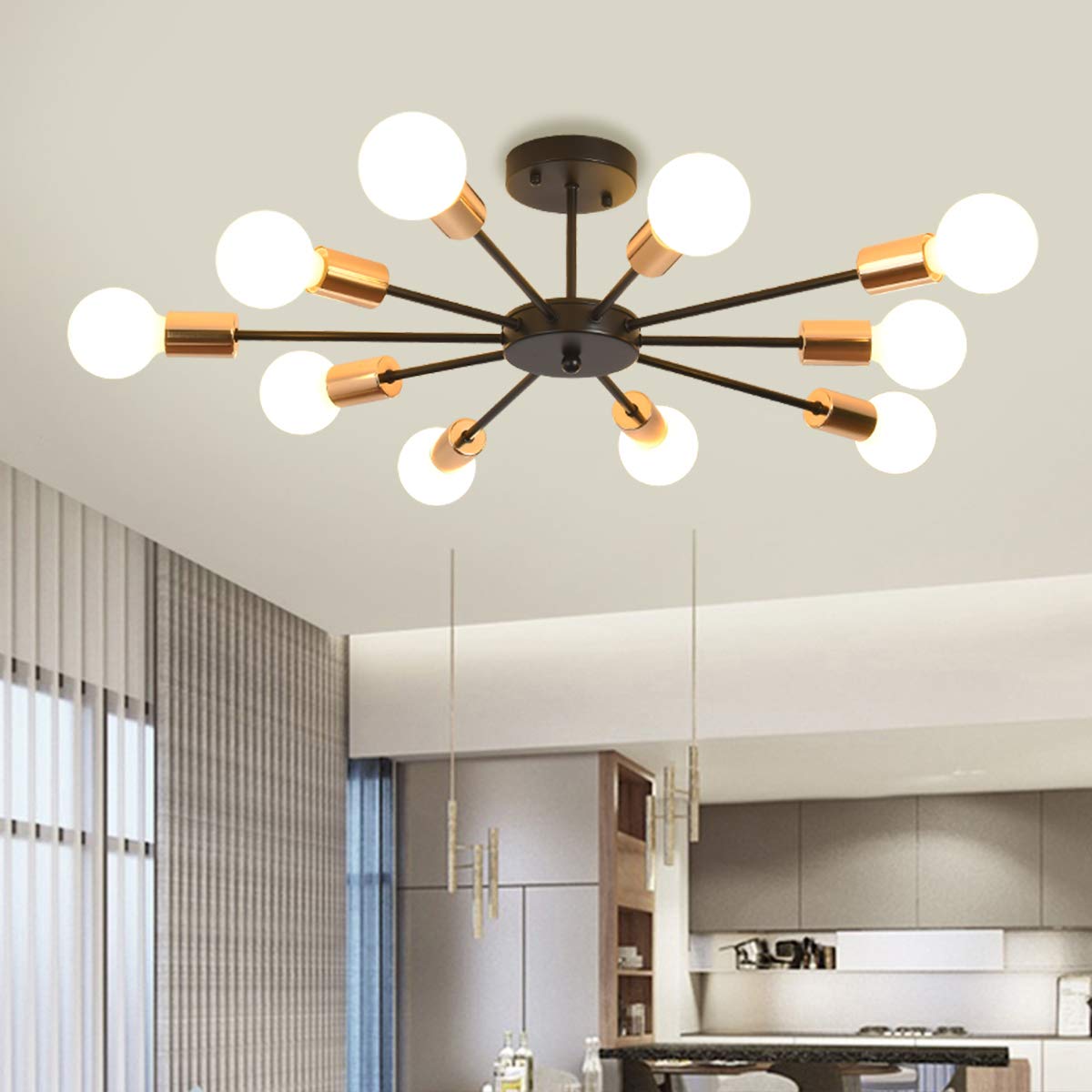 Jaycomey Semi Flush Mount Sputnik Ceiling Light,10-Light E26 Base Modern Black Sputnik Chandelier,Industrial Ceiling Lamp Fixtur