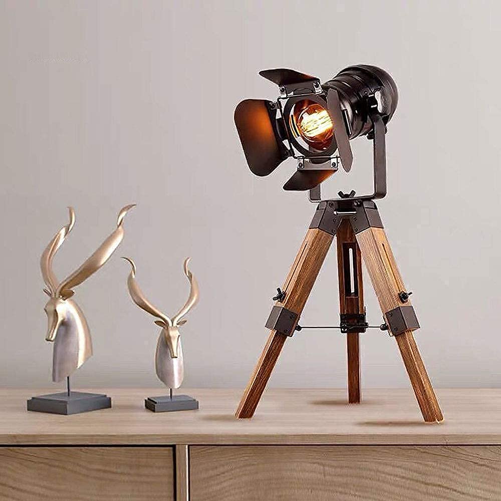 SUNLLOK Tripod Floor Lamp - Metal & Wooden Nautical Design - Adjustable Height - Black - Middle Size