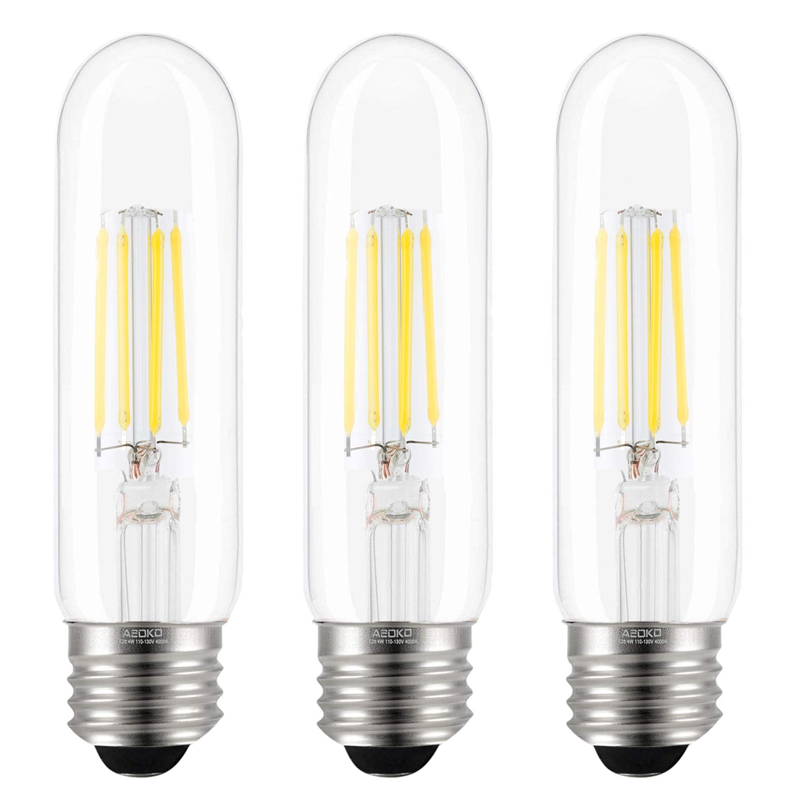 ASOKO Edison Bulb T10 LED 4W Dimmable Vintage Tube Bulbs, 40W Equivalent, Daylight White, E26 Base, 3-Pack