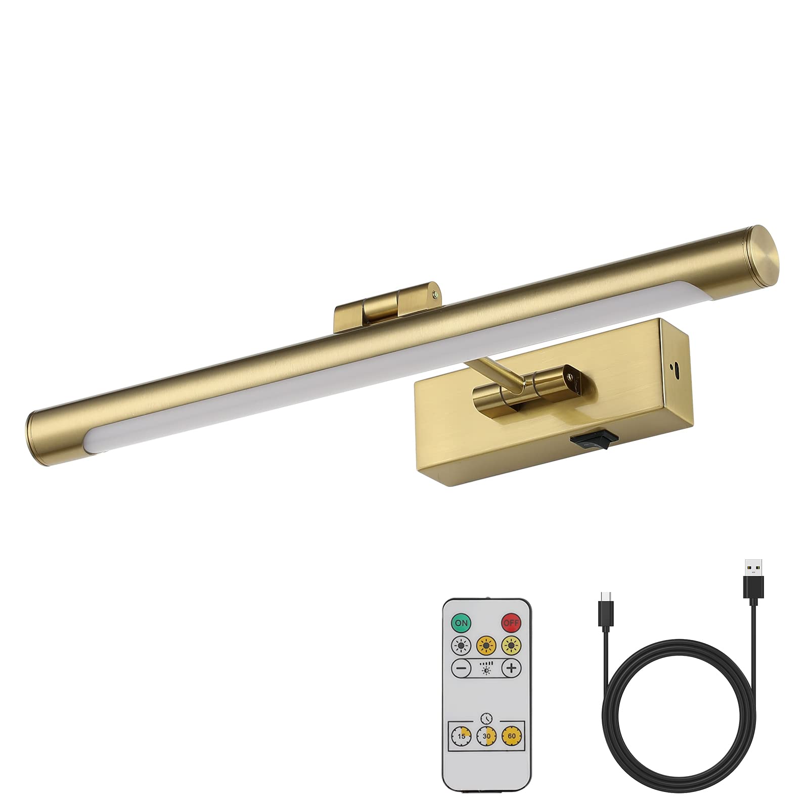 Joosenhouse Wireless Picture Light, Brass, 16.53in, Battery Operated, Dimmable, Remote Control, Model 7110-420-B