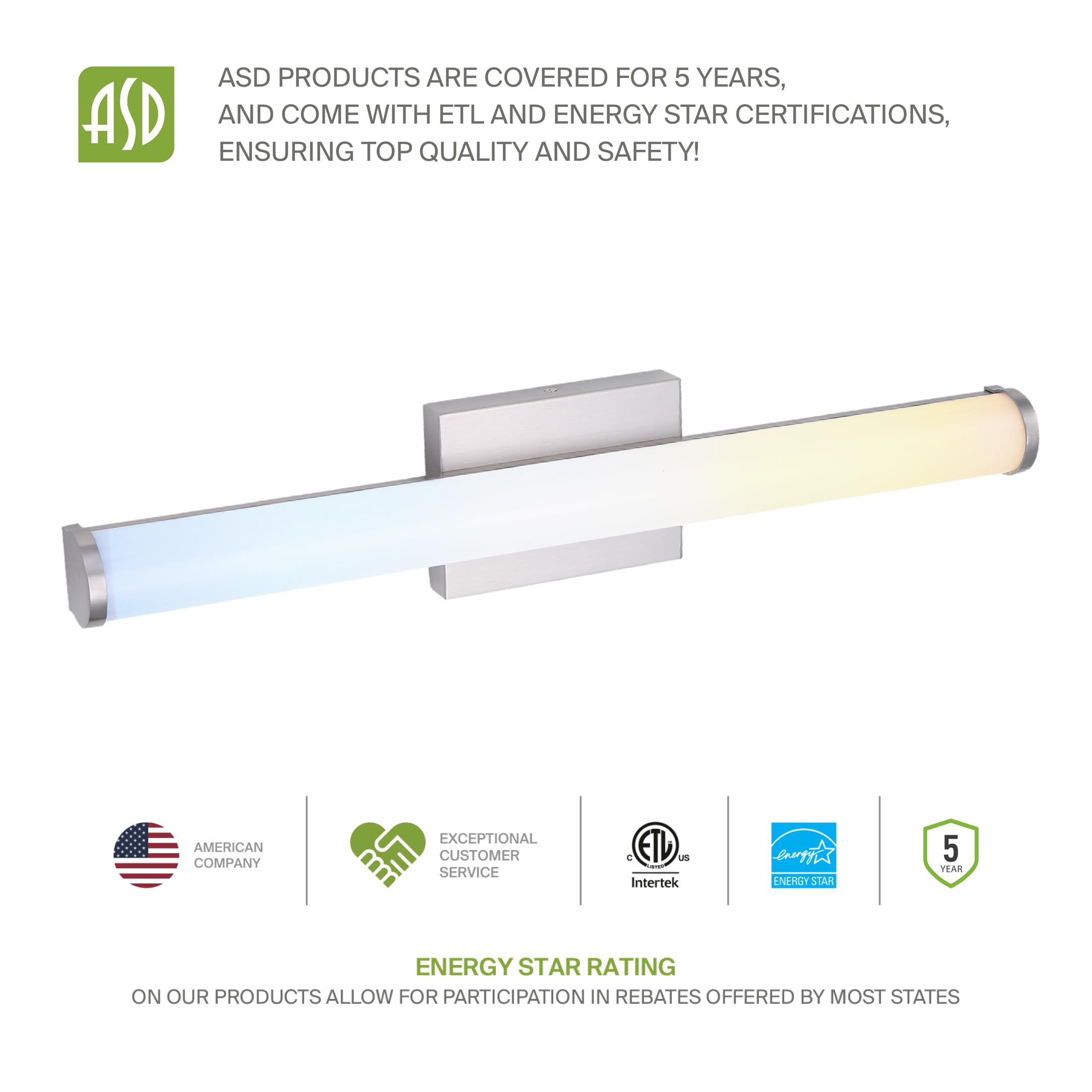 Asd Led 24 Vanity Wall Mount Light Fixture  Linear Bathroom Lighting Bar | 3Cct  Dimmable  Energy Star  Etl Listed | 25W 1750Lm 3000-5000K 120V | Long Tube Bath Sconce Over Mirror | Nickel  2 Pack