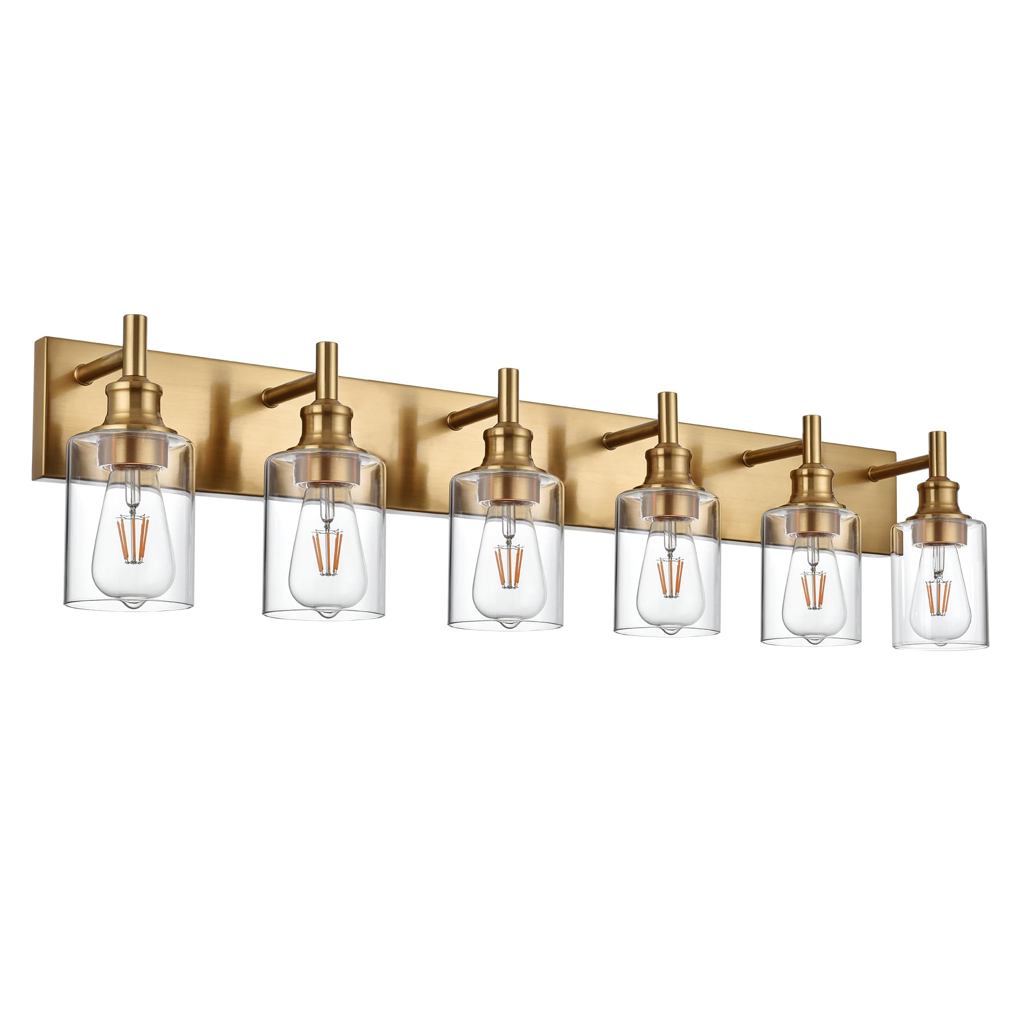 Wanluce 6 Light Vintage Brushed Brass Bathroom Lighting Fixtures Over Mirror With Clear Glass Shades, Farmhouse Wall Sconces Lig