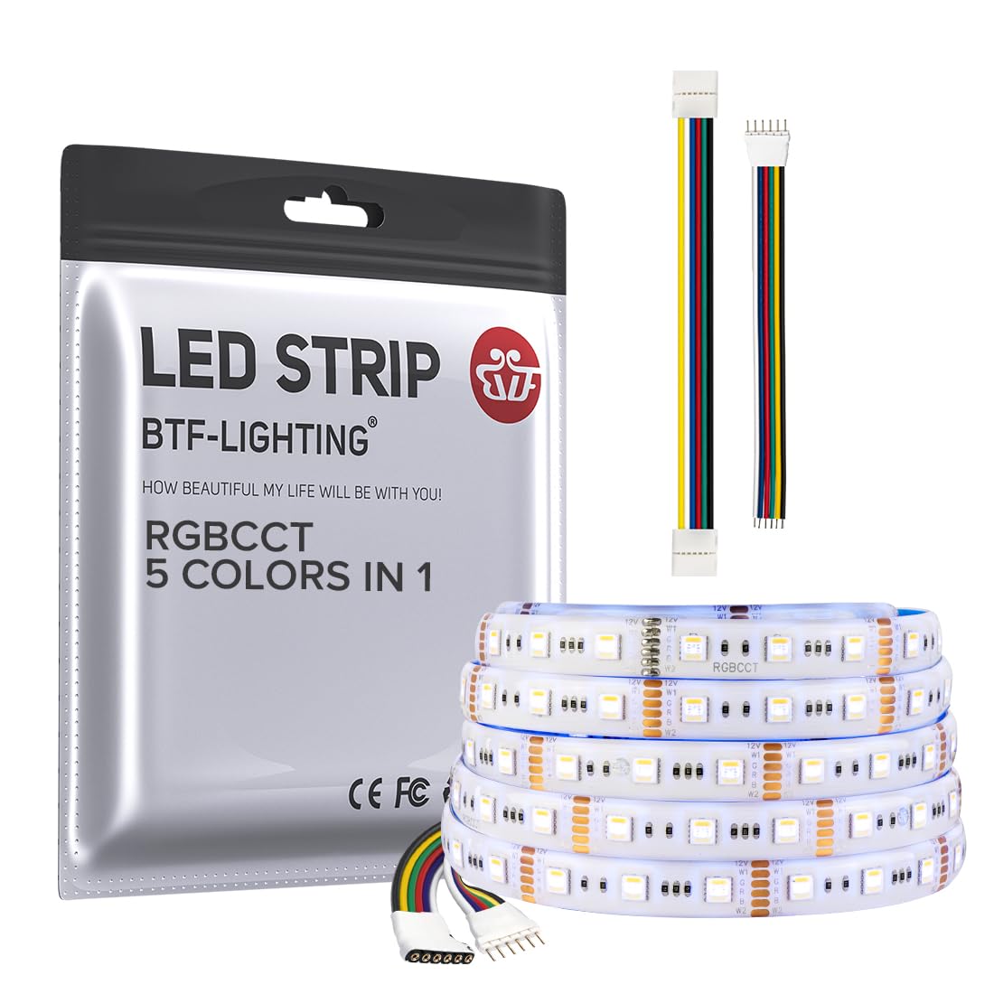 BTF-LIGHTING LED Tape Lights RGBWW 5050SMD 16.4ft 300LED IP65 White PCB DC12V