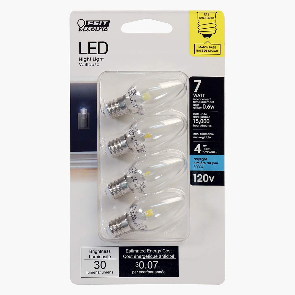 Feit Electric Candelabra Base LED Night Light Bulb, 0.6W, 30 Lumen, 5000K Daylight, 4 Count, Model BP7C7/