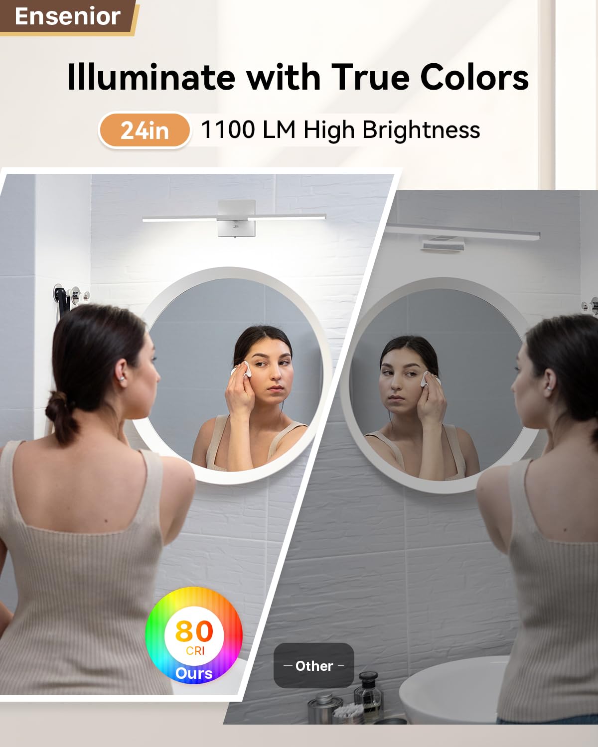 Ensenior Modern Bathroom Vanity Light 24 Inch, Built-In Dimmer, 13W Dimmable 5Cct Led Bathroom Light Fixture Over Mirror, Silver