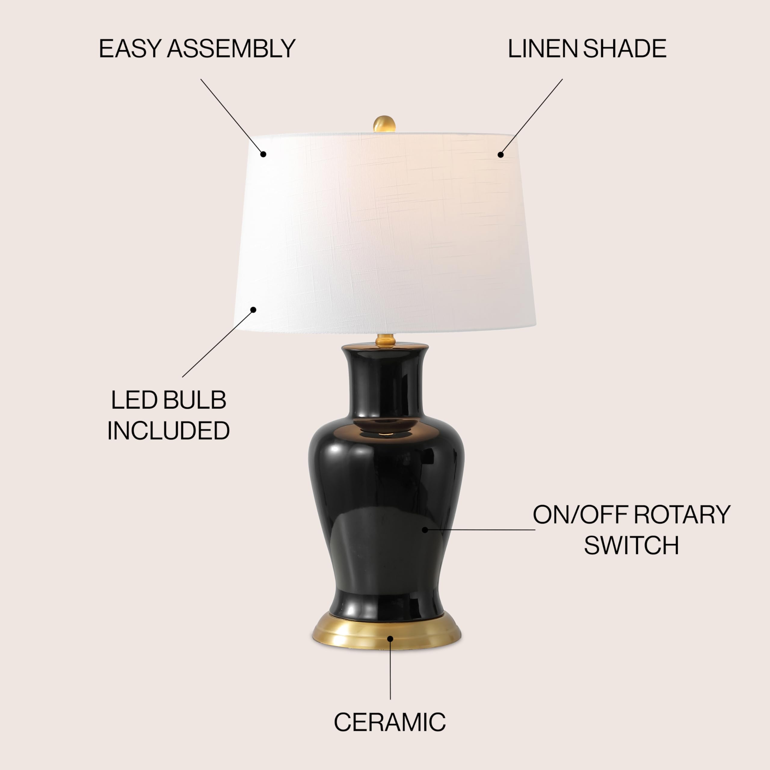 Jonathan Y Jyl4026F Julian 29'' Traditional Classic Ceramic Urn Led Table Lamp, Black For Bedroom, Living Room, Kitchen, Home Of