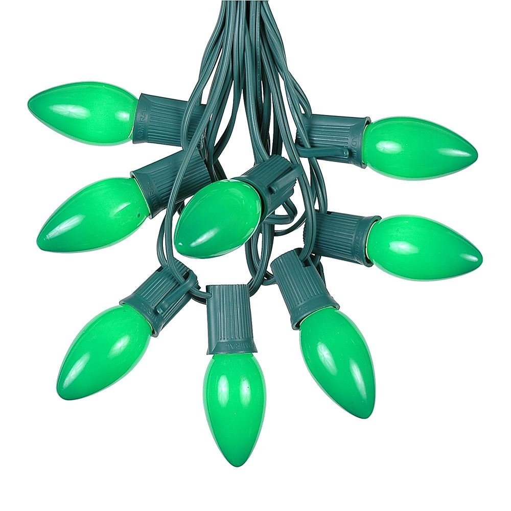 25 Foot C9 Green Ceramic Christmas String Light Set - Outdoor Christmas Light String - – Opaque Christmas Bulbs - Roofline Light String – Outdoor String Lights - Green Wire