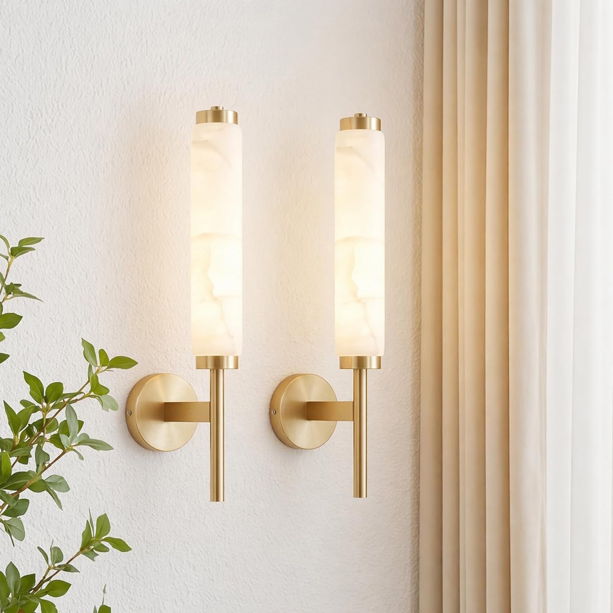 TMSSLIAHL 2PCS Alabaster Wall Sconce Light LED 3000K Modern Brass Wall Sconces with Natural Stone Shade, Indoor Wall Lights for 