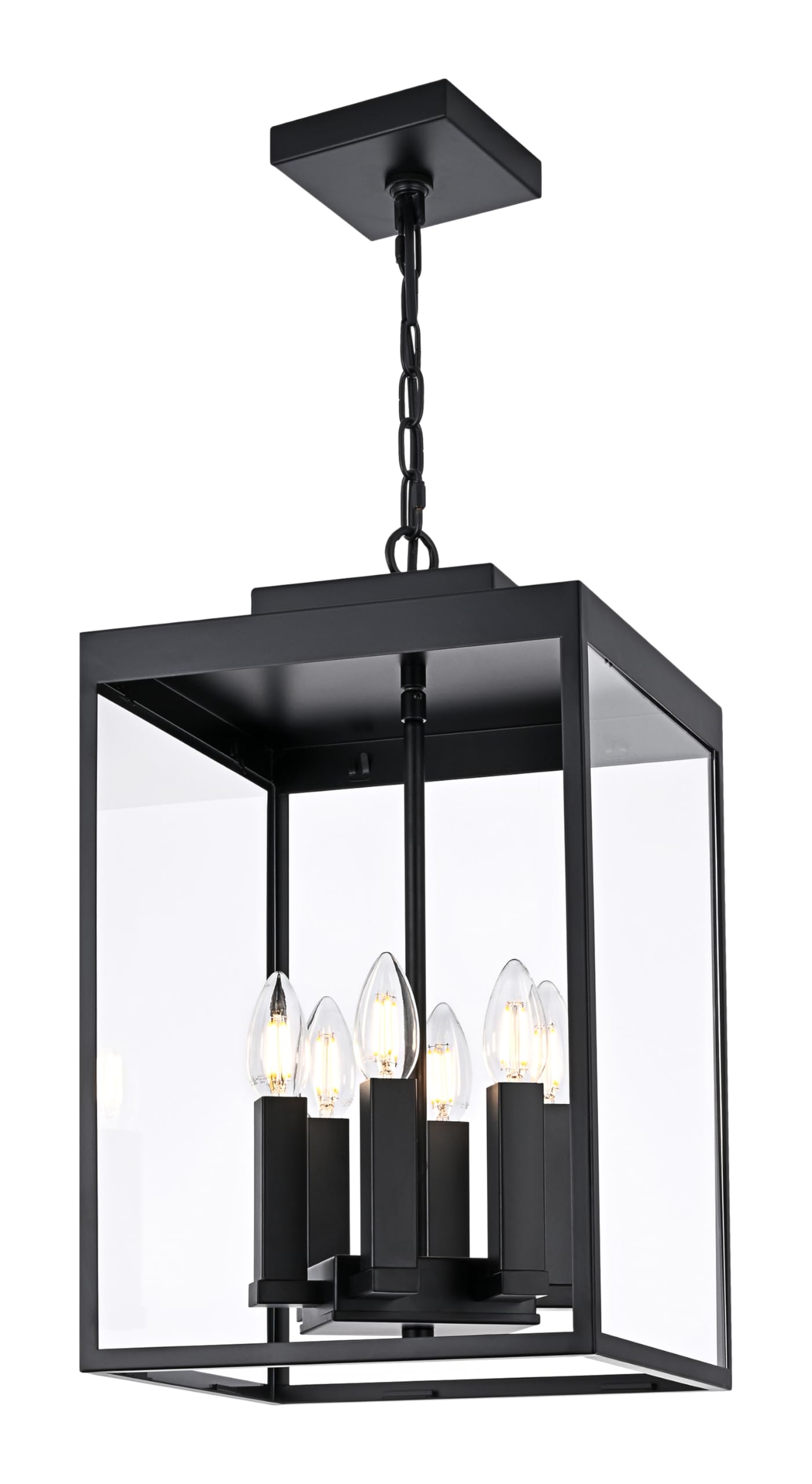 MELUCEE 16 Large Outdoor Pendant Light Fixture, 6-Light Outdoor Chandelier for Porch Black Lantern Pendant Lights with Clear G