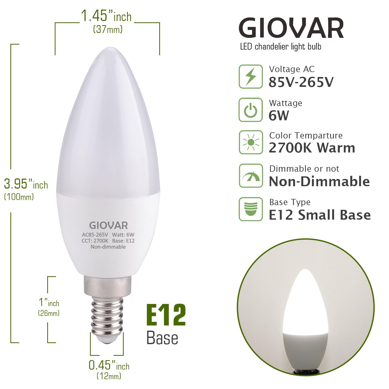 Giovar 12-Pack Led Celing Fan Light Bulbs 60 Watt, Daylight 5000K, E12 Candelabra Bulb Base Socket, 120V, Type B, Non-Dimmable