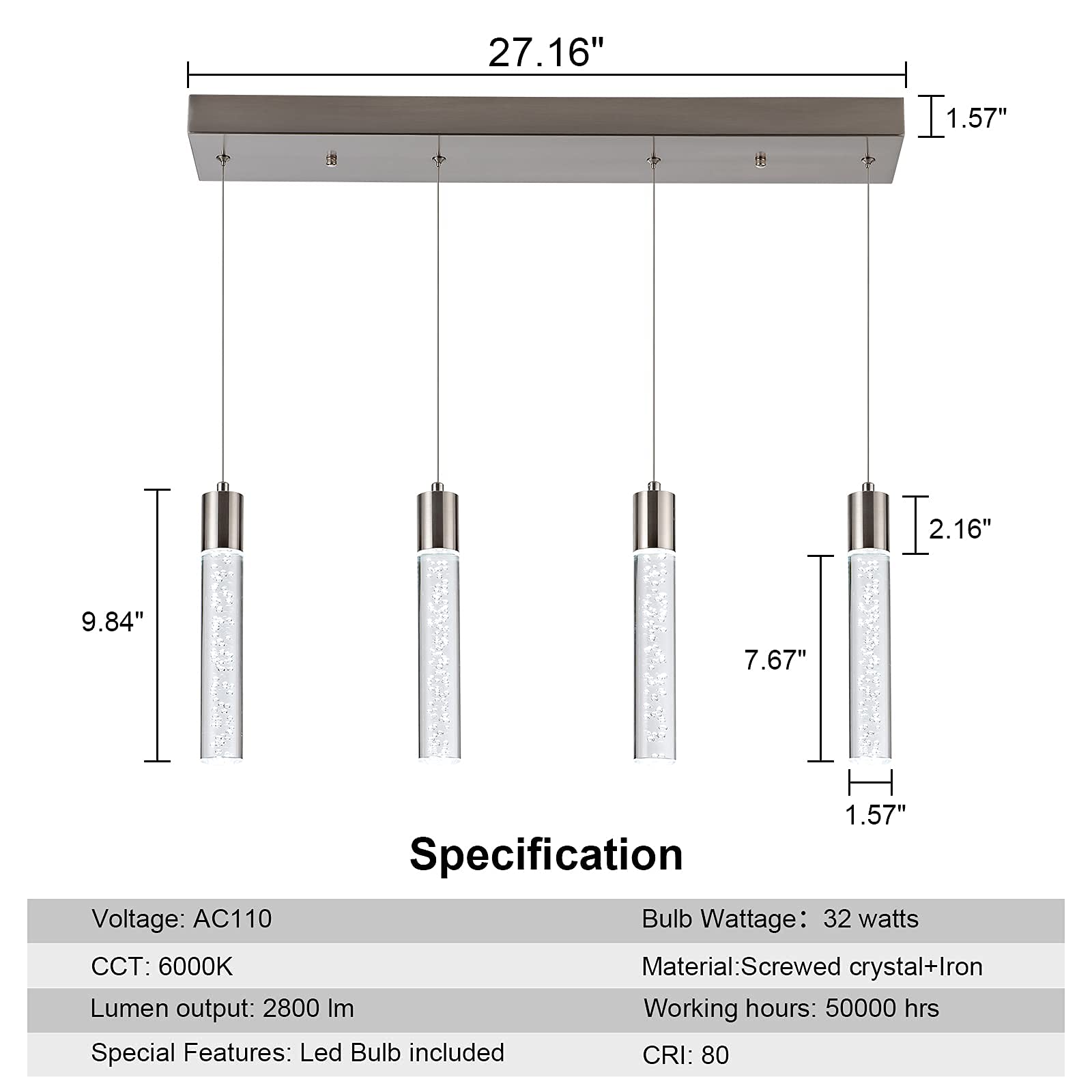 votag 4-Light Pendant Light Fixture, Nickel Aluminum, 32W Modern LED Lighting for Kitchen Island, Model A174, Crystal Bubble Design