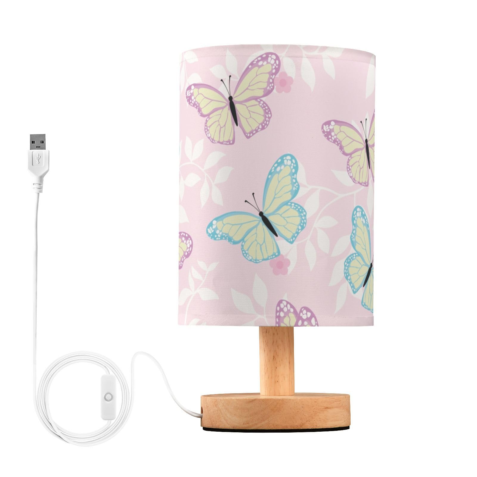 ALAZA Bedside Table Lamp Cute Butterfly Pink Flower Lamp for Girls Boys Bedroom with USB Port LED Kids Nightstand Lamp Wood Base