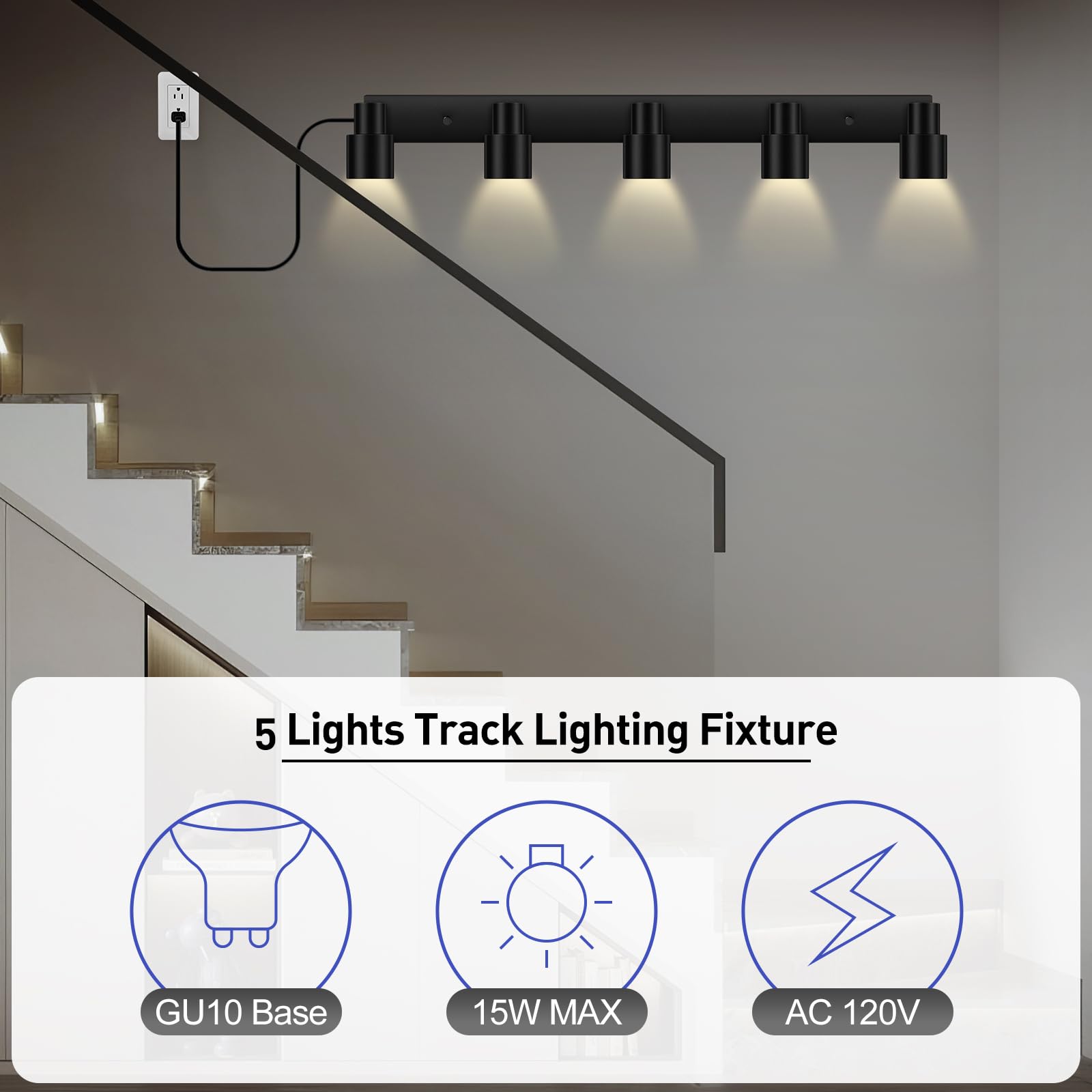 Bricosmocon 30 Black 5-Light Plug in Track Lighting, LED Ceiling Fixtures with 15FT Cord & Rotatable Heads for Kitchen & Hallway