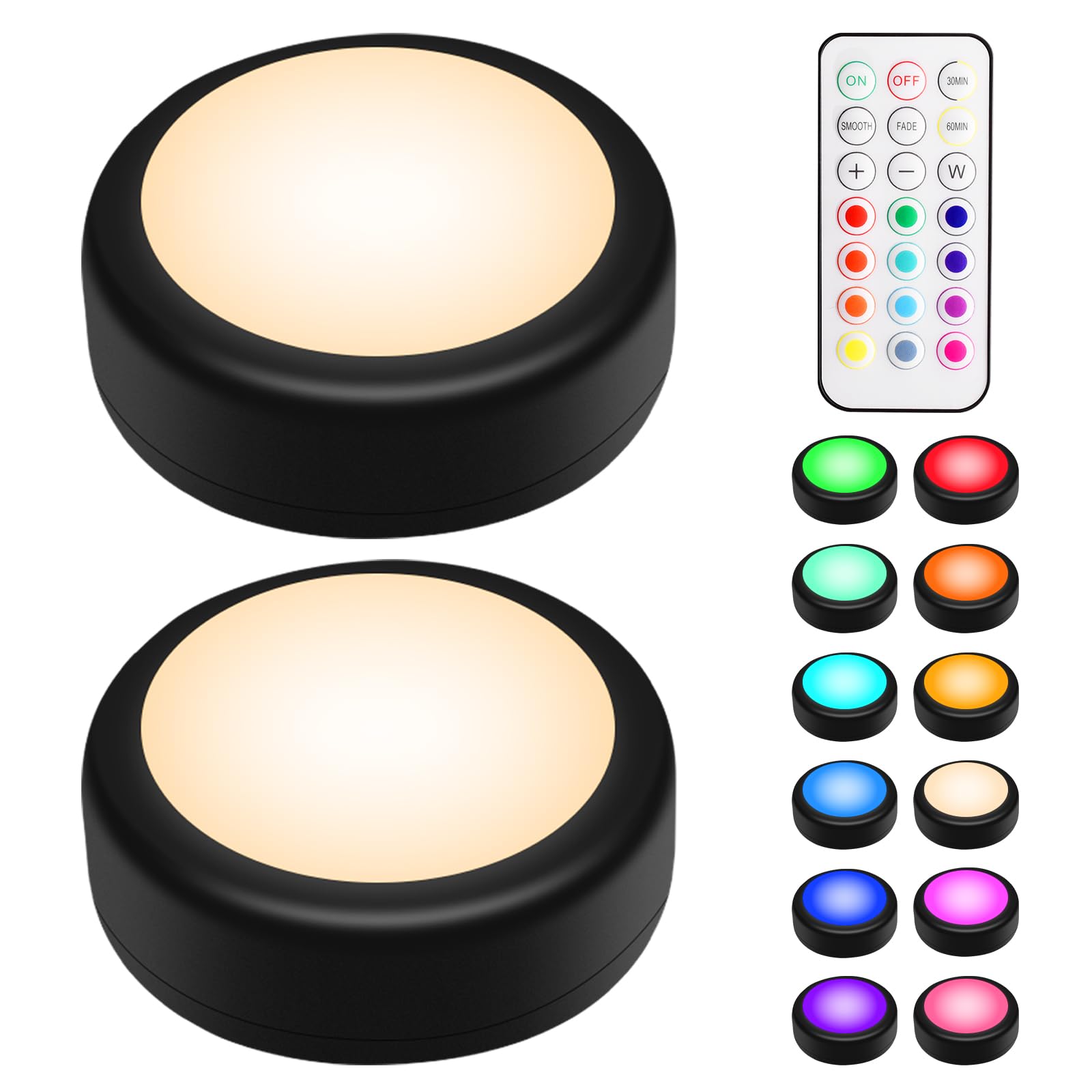 Bls Led Puck Lights With Remote  Rgb 13 Color Changing Under Cabinet Lighting Wireless  Aa Battery Operated  Tap  Touch  Push Stick On Lights For Closet  Kitchen  Night  Dimmer & Timer  Black  2 Pack