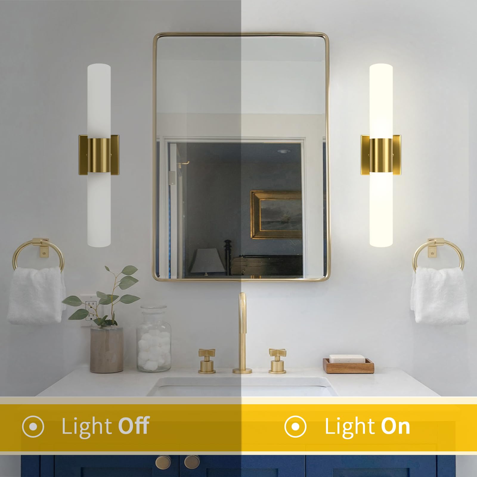 Kalium Modern Bathroom Wall Sconces Set of Two, 21" Brushed Gold Vanity Lights with Frosted Glass Shade, Model WL052A-SB