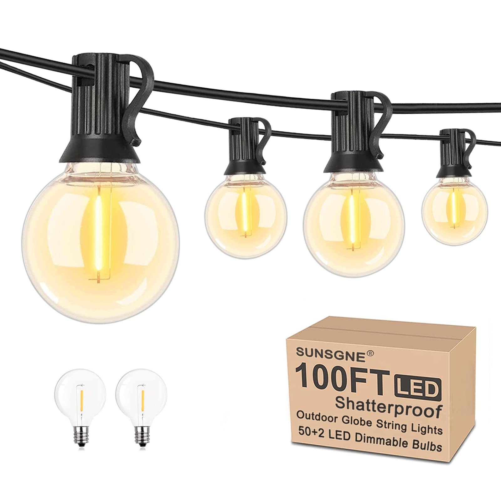 SUNSGNE LED Outdoor String Lights G40 Globe 100Ft Waterproof Shatterproof 52 Dimmable Bulbs Black