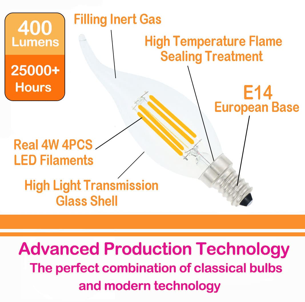 Lamsky E14 LED Bulb 4W Dimmable Warm White 2700K Flame Tip Candelabra 12-Pack