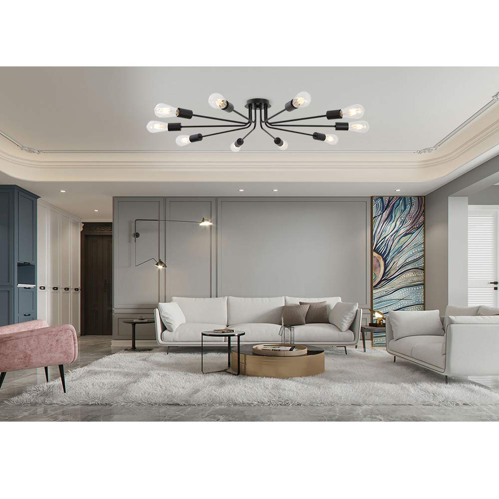 Tuluce 10 Lights Ceiling Light Vintage Metal Semi Flush Mount Light Ceiling Lamp Black Chandelier Lighting Fixture For Living Ro