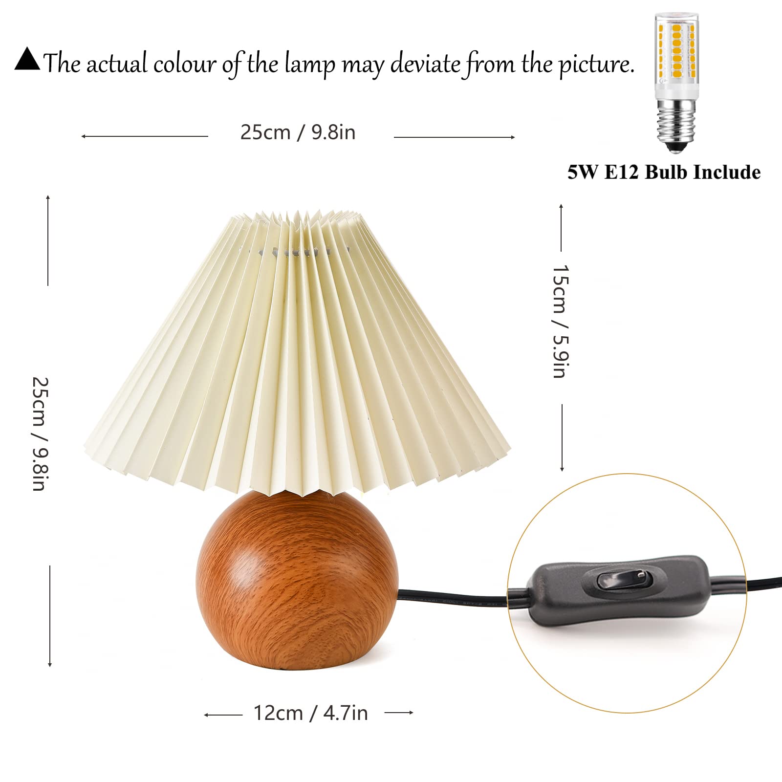 Kunjoulam Cute Small Pleated Lamp, Modern Bedside Nightstand/Table Lamp With Beige Lampshade, Metal Base For Bedroom, Home Office, Living Room, Kids Dorm With E12 Bulb