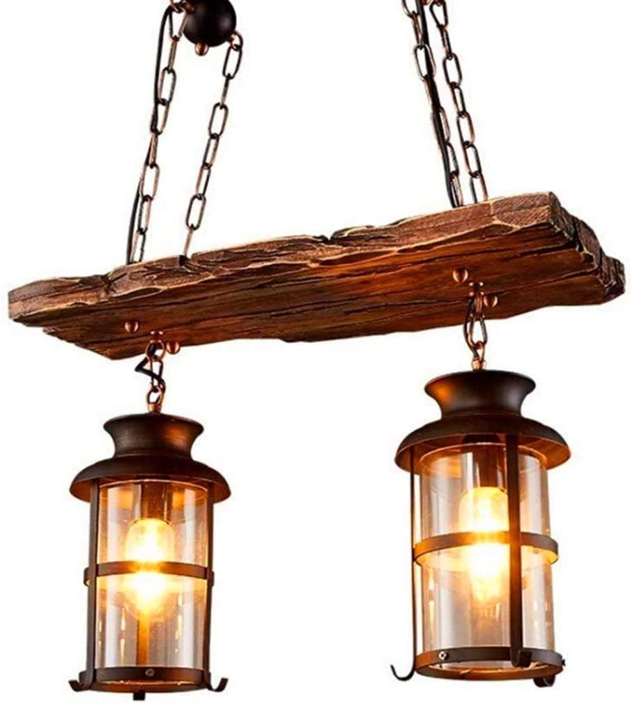Eoyemin Wood Retro Pendant Lighting Industrial Chandelier 2 Heads Black Metal E27 Ceiling Lamp for Bedroom Restaurant Bar