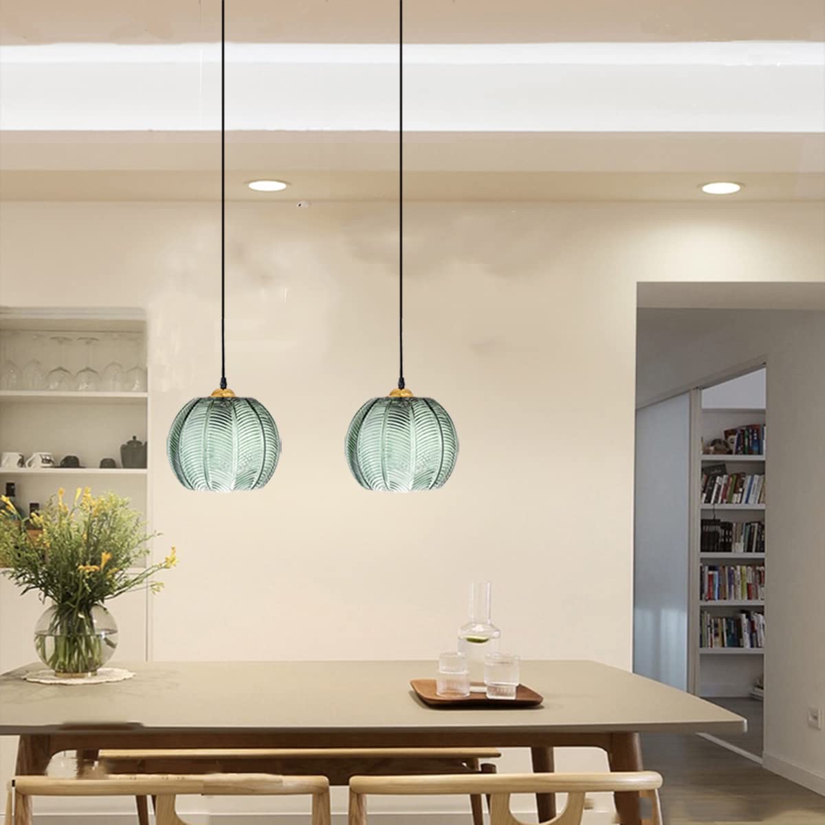 Aoodu Glass Pendant Light Fixture 1-Light Modern Mini Pendant Lighting Green Ribbed Glass Shade Globe Pendant Light For Kitchen