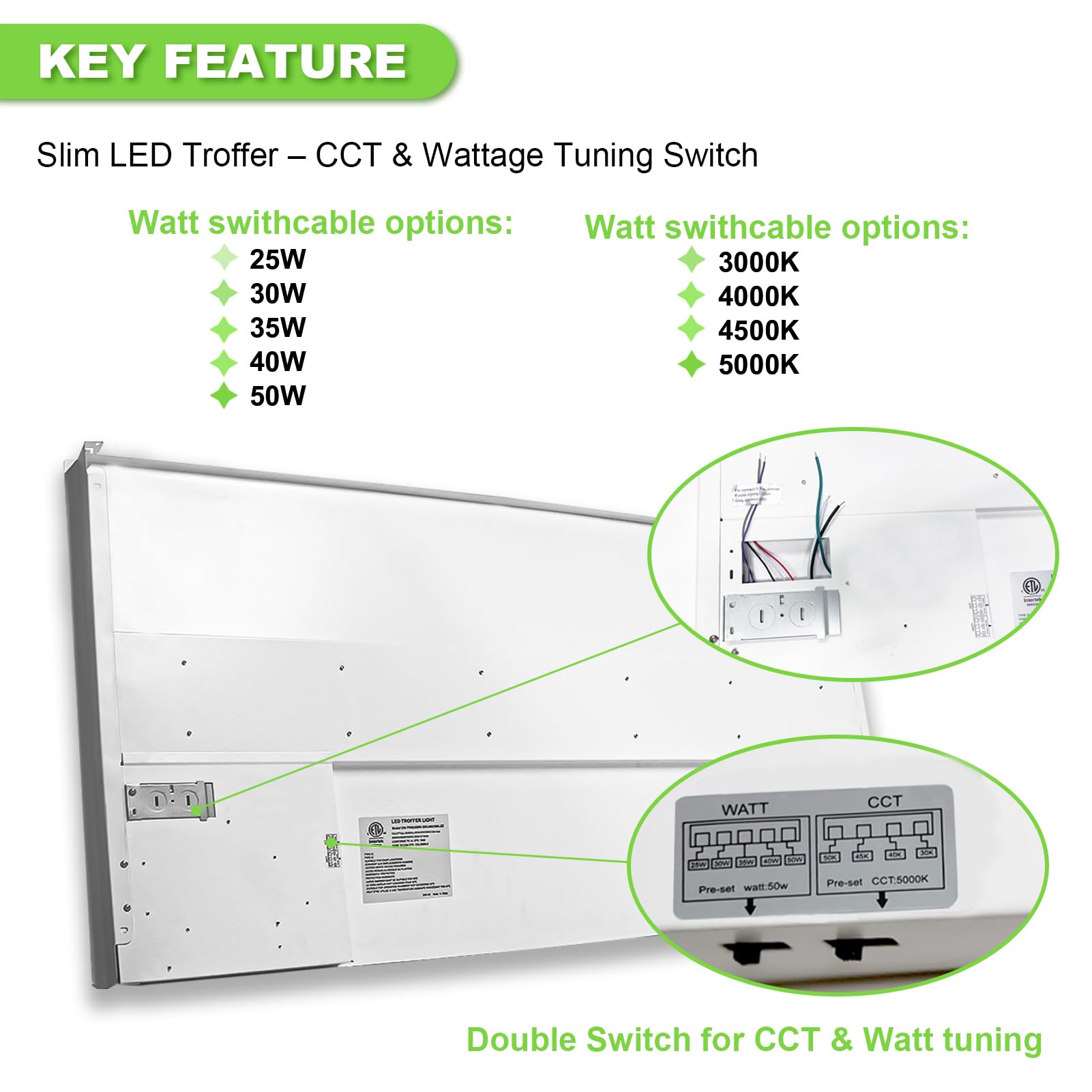 Cortelco 2X4 Led Troffer Center Basket Panel, Color Tunable 3000K/3500K/4000K/5000K, Watt Adjustable 25W/30W/35W/40W/50W-Up To 7500 Lumens, 0-10V Dimmable, 100-277V-Etl&Dlc Qualified, 2-Pack