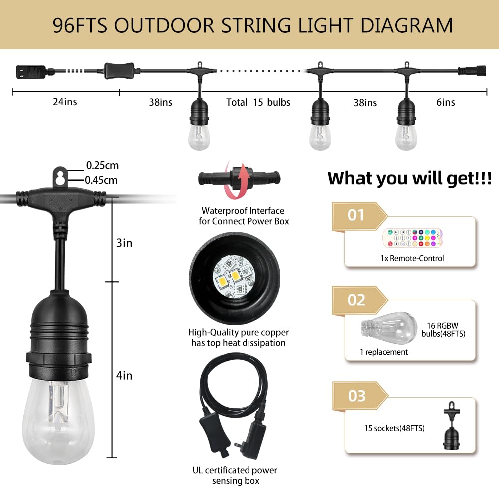 GANA Outdoor String Lights, 48FT×2PACK, RGBW Music Flash, 12V Low Voltage, Shatterproof, IP65 Waterproof, Heavy Duty Wire