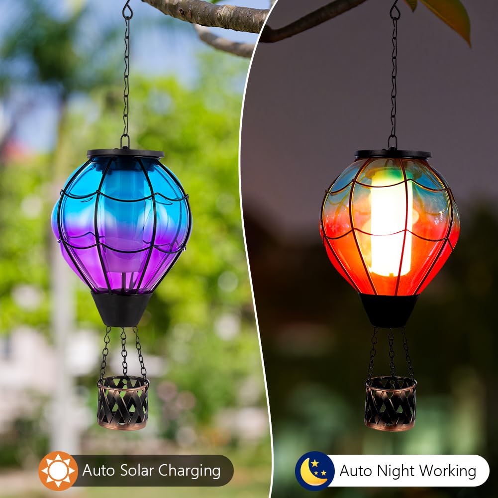 Yelenew Solar Hot Air Balloon Lantern With Flame Flickering Led Glass Hot Air Balloon Solar Lanterns Outdoor Waterproof Hanging