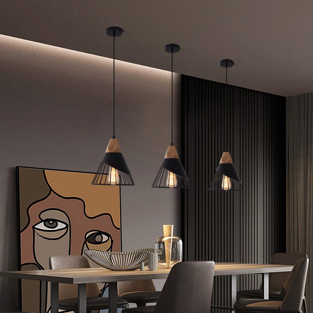 Mxsaoud Modern Black Pendant Light - Adjustable Wood Fixture for Kitchen, Dining, Living Room, Hallway, Bar - Model MX-CAOMAO-FBA-US
