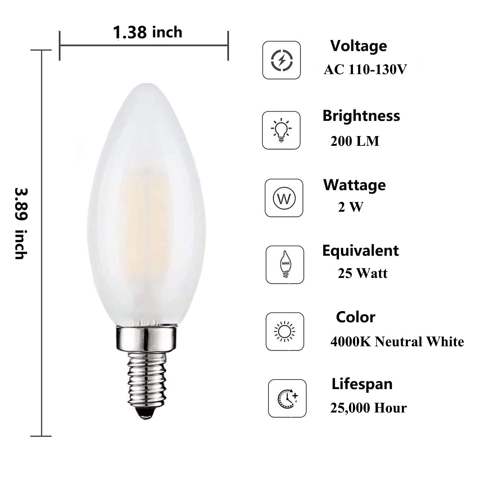 Beonllay Led E12 Light Bulb, 6 Pack, 25W Equivalent, 4000K Neutral White, Dimmable, Frosted Glass, Ceiling Fan, Chandelier, Edis