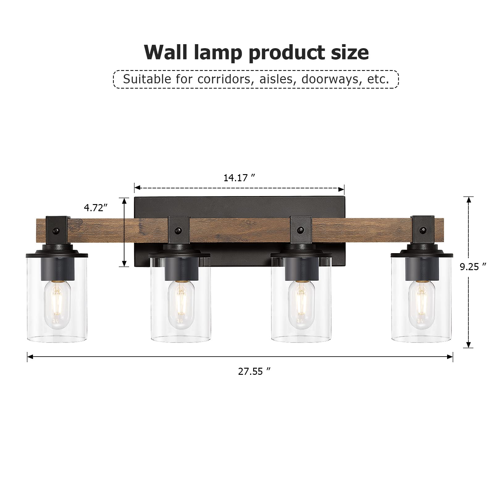 Dujahmland Farmhouse Vanity Light Fixture, Industrial 4-Light Wood Wall Sconce Bathroom Vanity Lighting With Clear Glass Lights