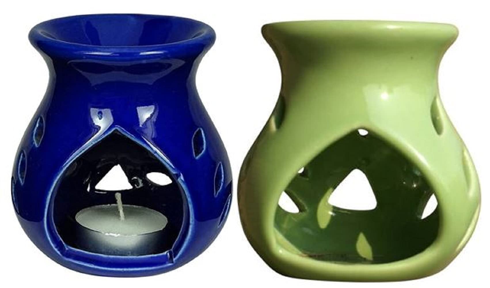 Mkd2 Rise Ceramic Clay Candle Aroma Diffuser Oil Burner Lamp for Home Fragrance (Blue & Green) -Set of 2