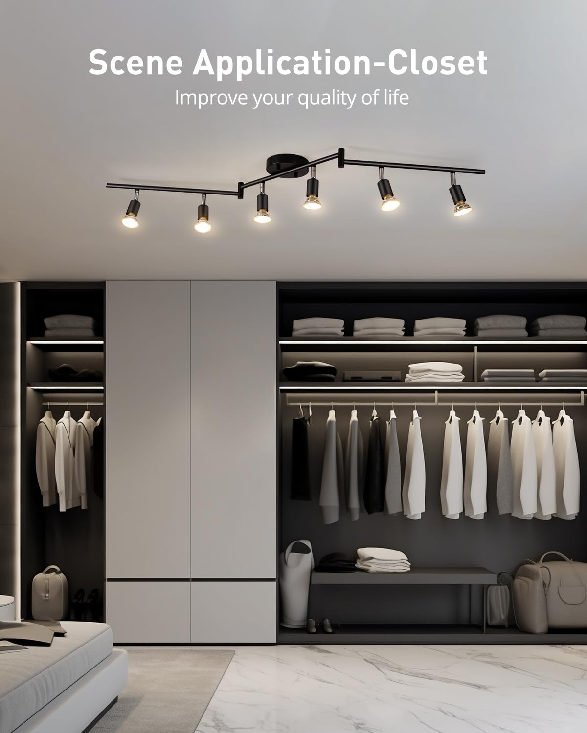 Bojim 6 Light Led Track Lighting Kit, Ceiling Spot Lighting With Adjustable Light Heads & Foldable Light Arms, Matte Black Kitch