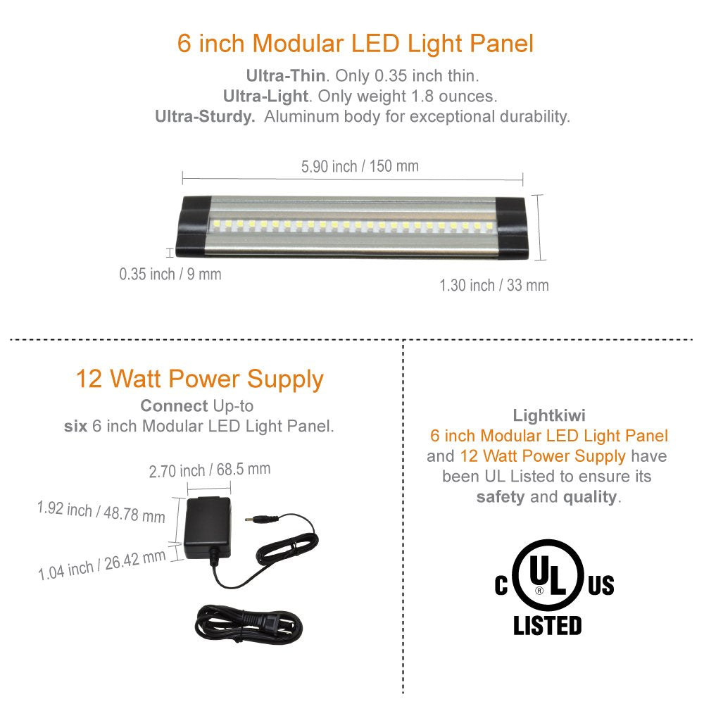 Lightkiwi Dimmable LED Under Cabinet Lighting 4 Panel Kit, 6 Inches Each, Warm White (3000K), 7.2 Watt, 24VDC, Dimmer Switch & A