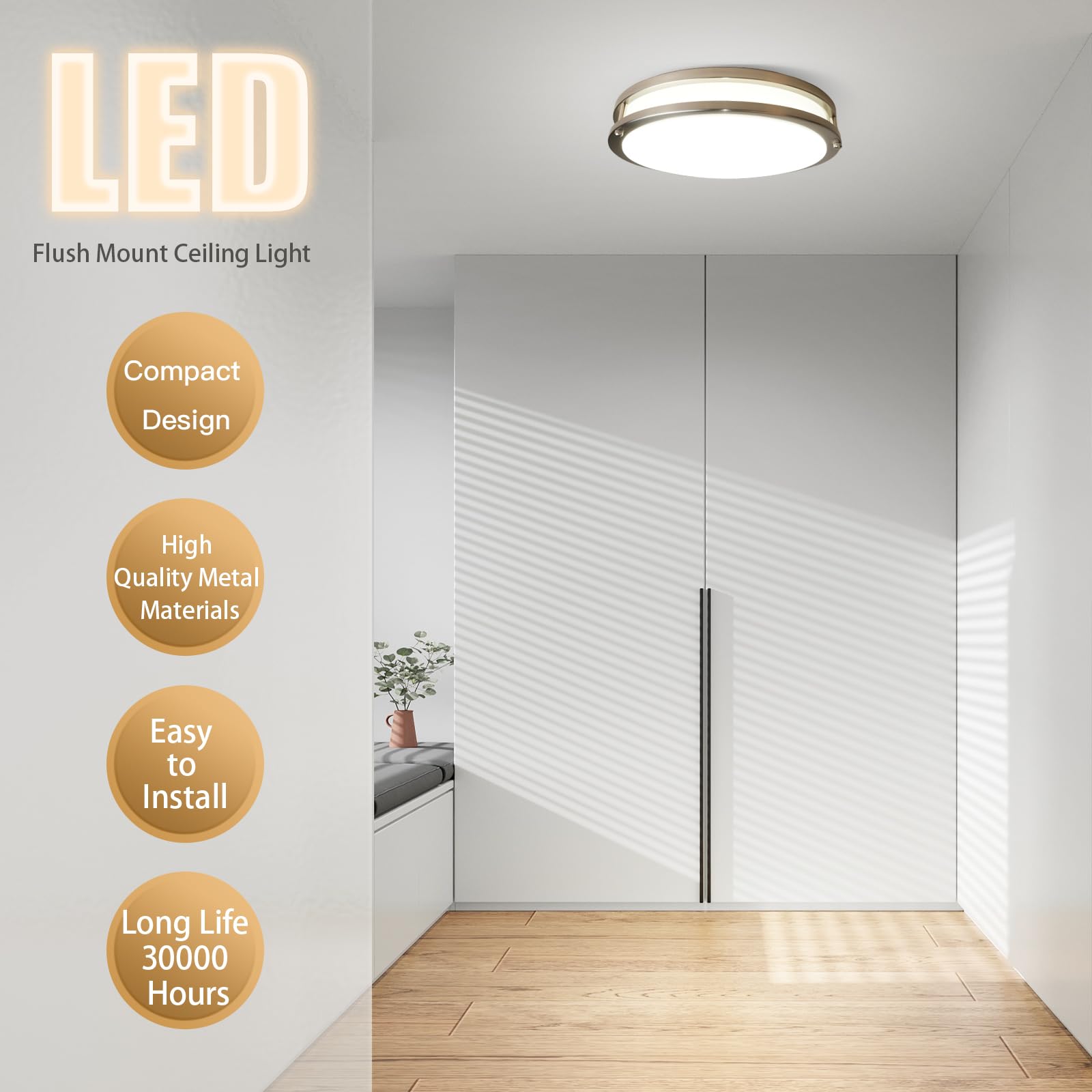 Elekeed 2Pack 10Inch Led Ceiling Light Fixtures, 24W 2400Lm Flush Mount Light Fixture, Brushed Nickel Dimmable Light Fixture 500