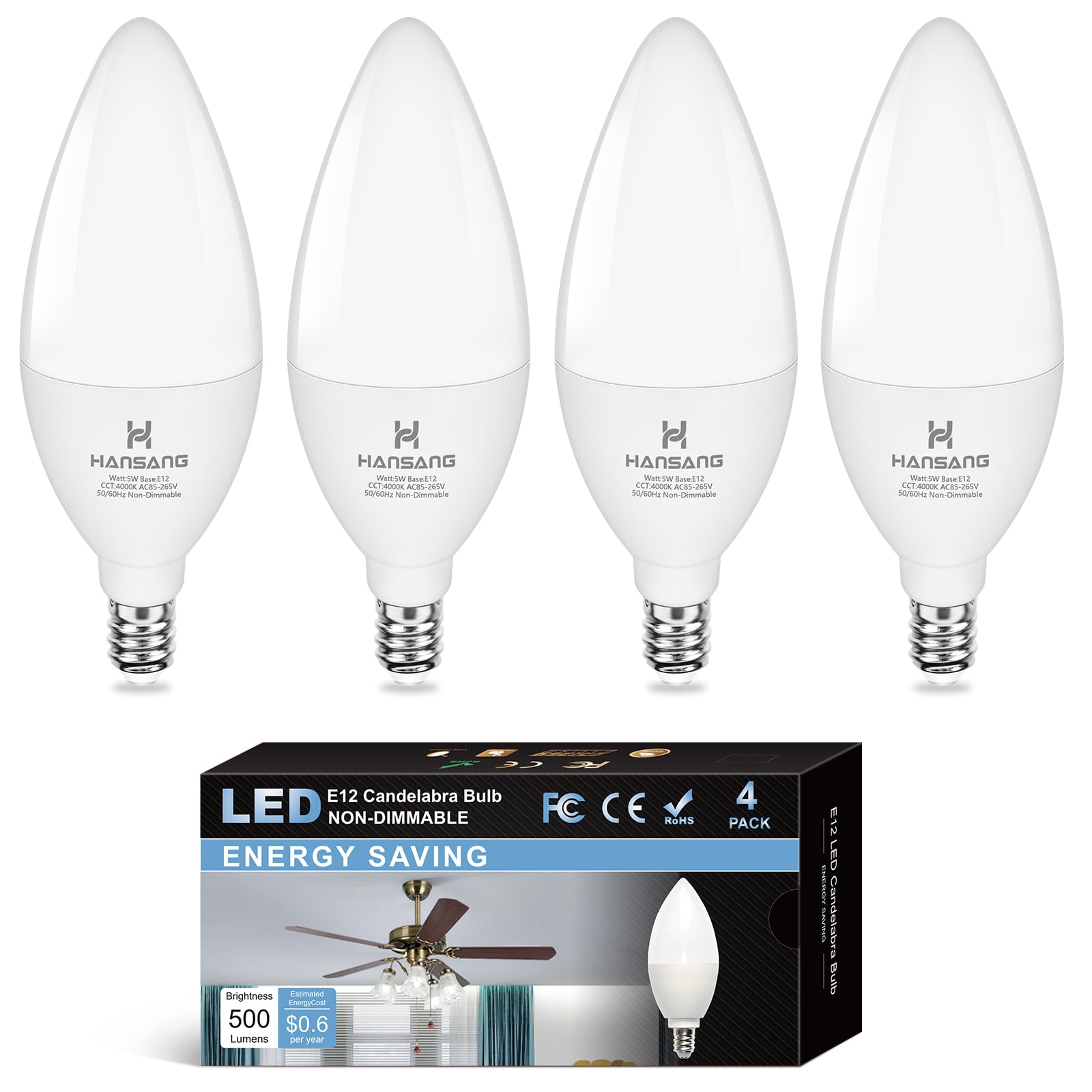Hansang E12 Led Light Bulbs 4000K Natural Daylight, 60W Type B Light Bulb For Chandelier, Small Candelabra Base, B11 Ceiling Fan