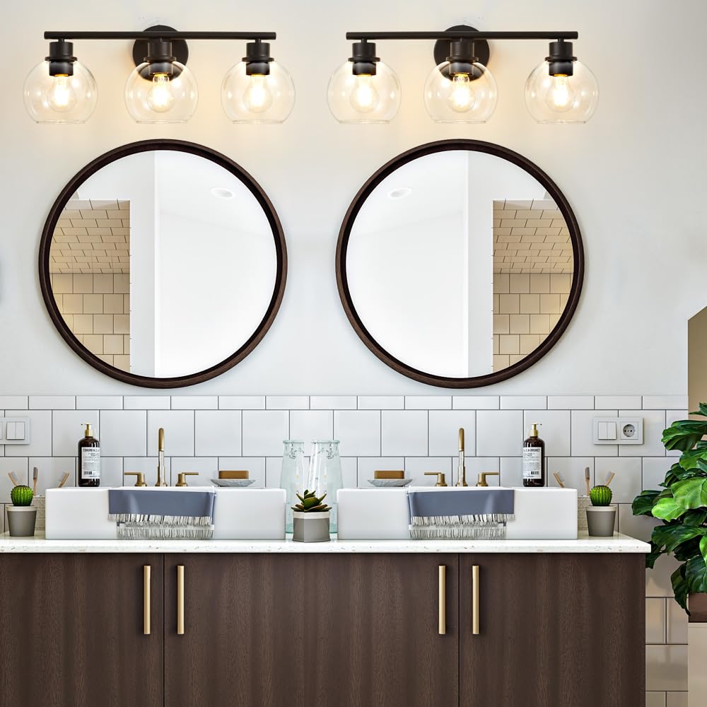 Lanmate Bathroom Vanity Light Fixture, 3-Light, Clear Glass Shade, Modern Black, 22 inch, Model L1746