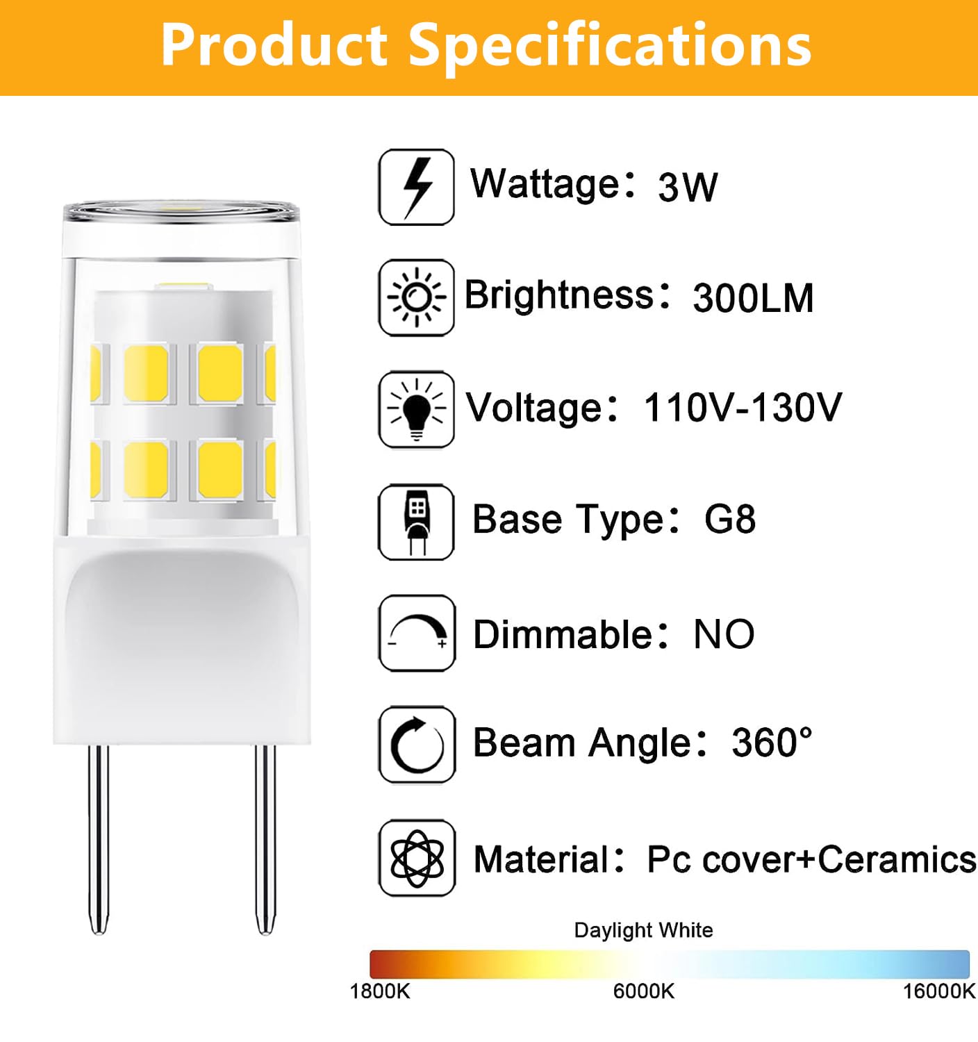 [Pack Of 5] G8 Led Bulb, 3W Equivalent 20W-25W Halogen Bulb, G8 Gy8.6 Bi-Pin Base, T4 120V Puck Light Bulb For Replacement Micro