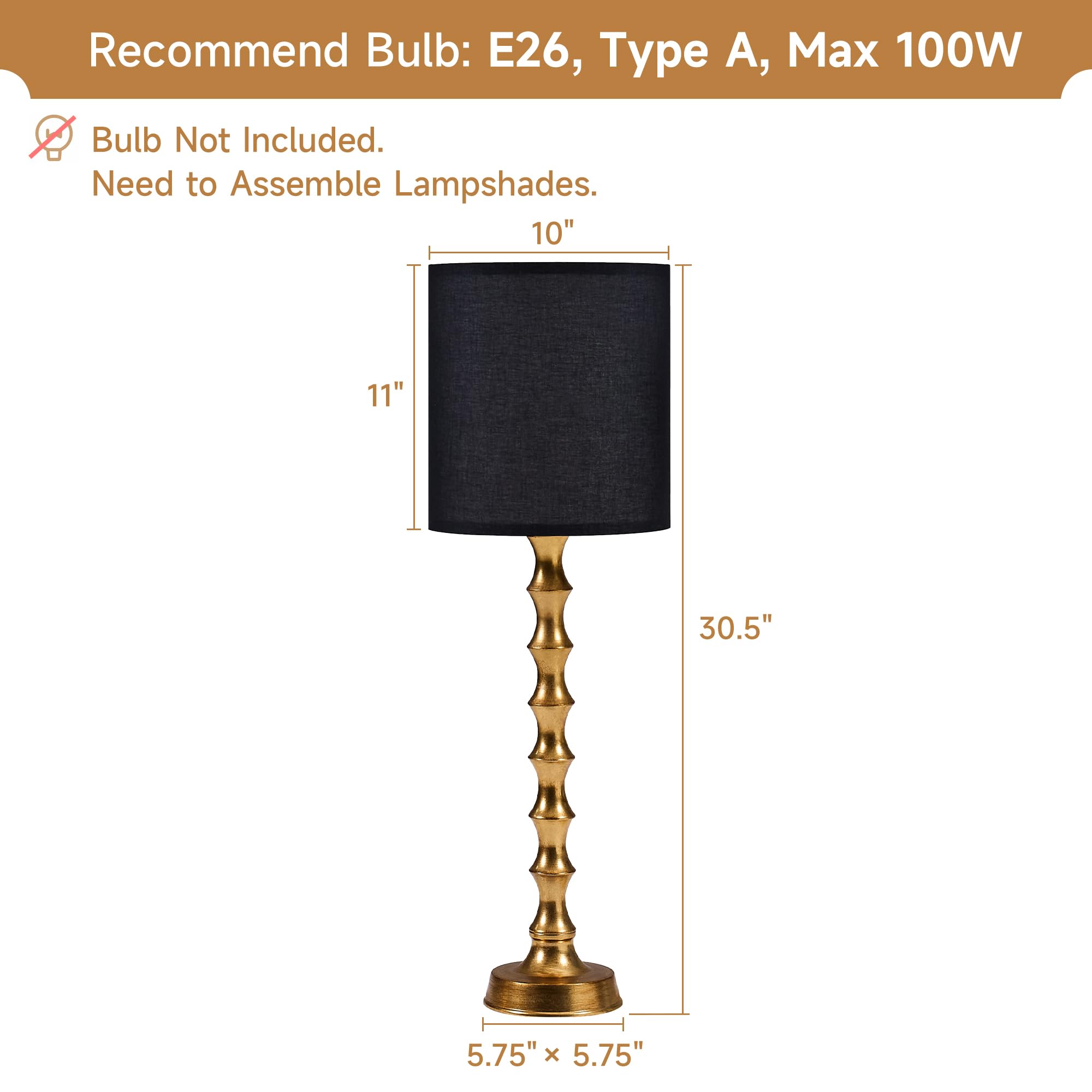 Euo 30.5" Gold Buffet Lamps Set Of 2 With Black Shade, Buffet Table Lamps Set Of 2 For Living Room, Black Gold Lamps For Dining Room, Gold Bamboo Lamps For Credenza, Black/Gold